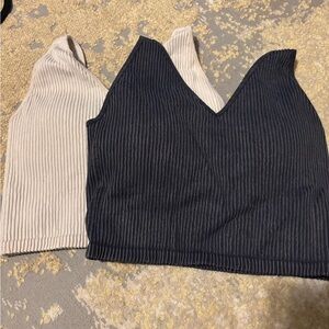 90 Degree By Reflex Ribbed V-Neck Crop Tops - Black and Cream